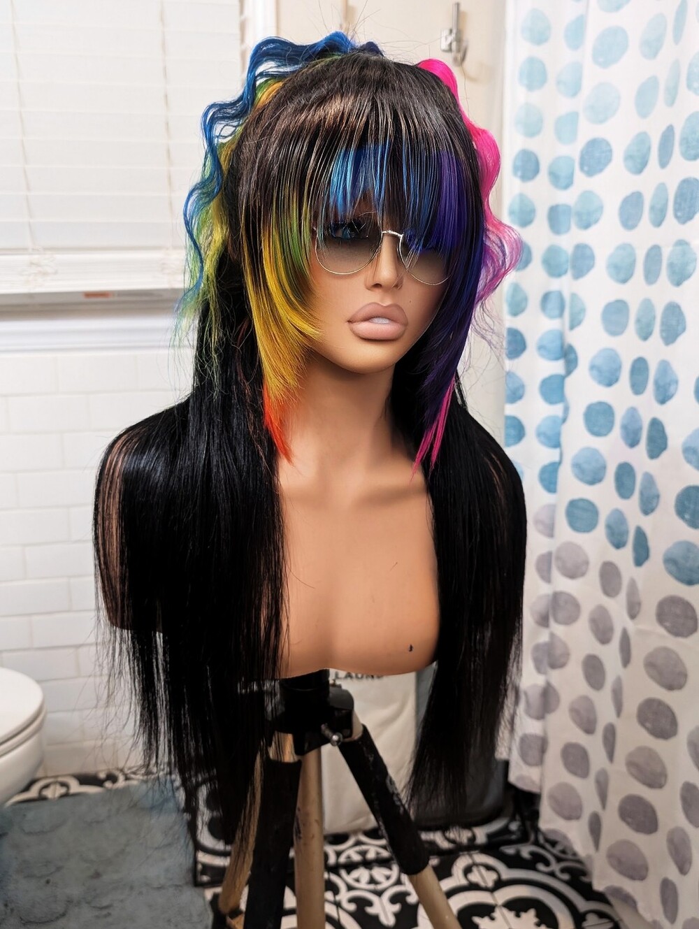 Rainbow Black Straight Lace Front Wig with Bangs